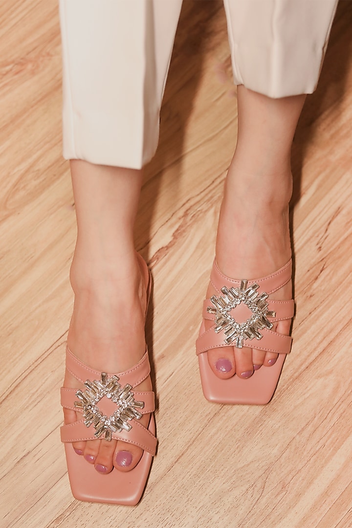 Pink Faux Leather Embellished Sandals by Devano