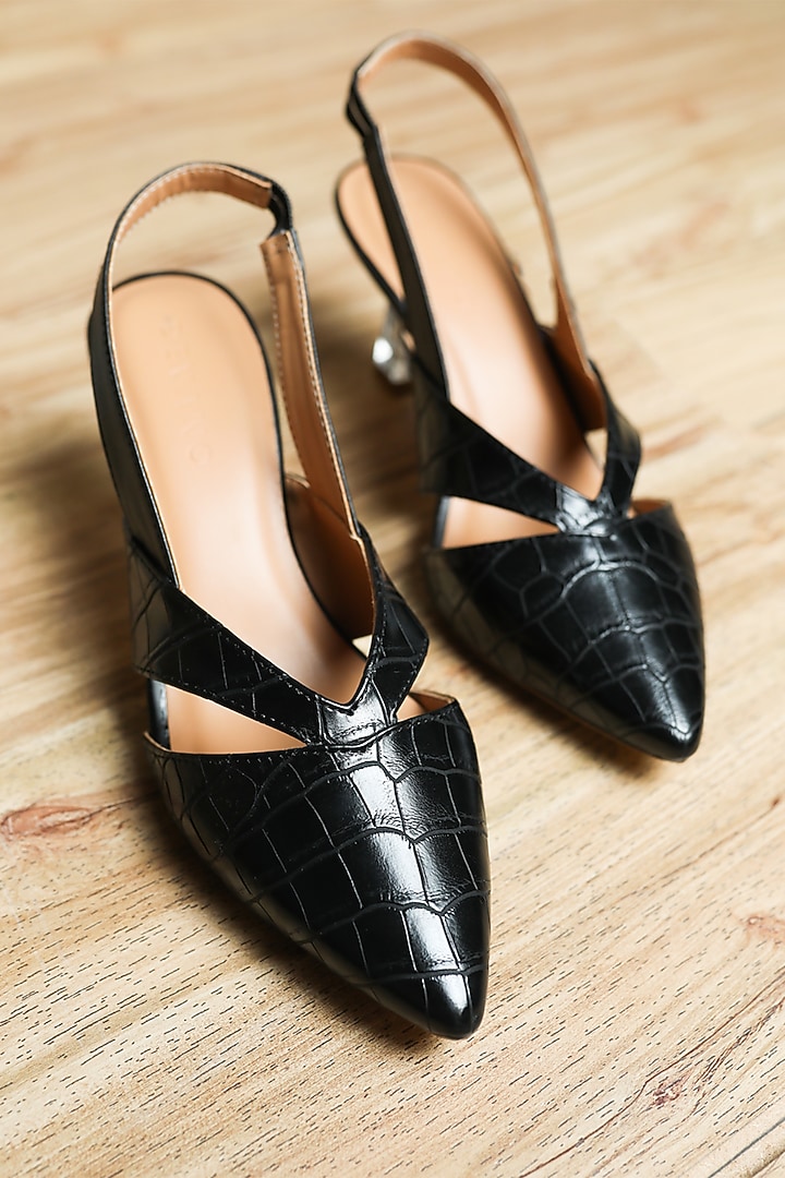 Black Faux Leather Slingback Pumps by Devano at Pernia's Pop Up Shop