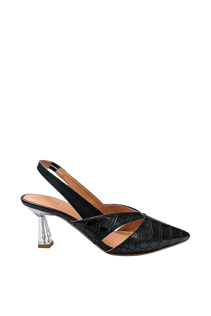 Black Faux Leather Slingback Pumps by Devano at Pernia's Pop Up Shop