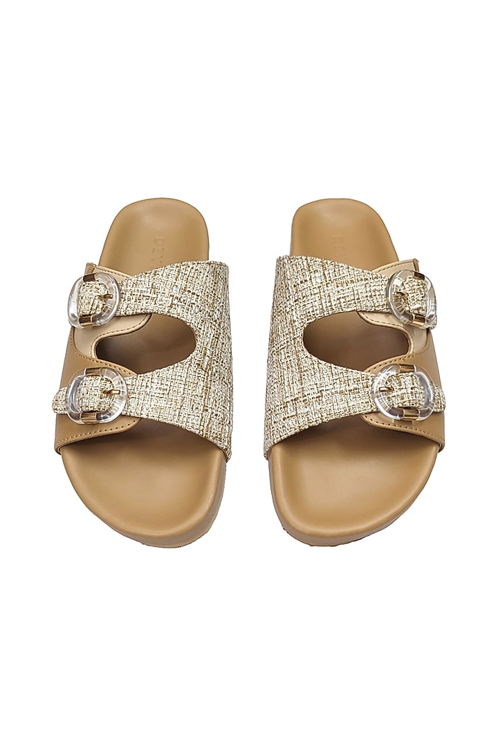 Beige Woven Fabric & Faux Leather Flats by Devano at Pernia's Pop Up Shop