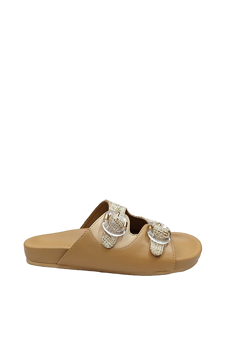 Beige Woven Fabric & Faux Leather Flats by Devano at Pernia's Pop Up Shop