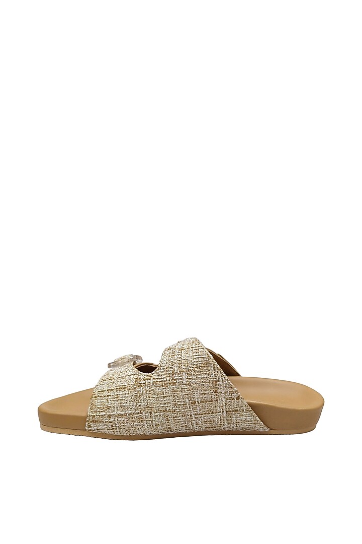 Beige Woven Fabric & Faux Leather Flats by Devano at Pernia's Pop Up Shop