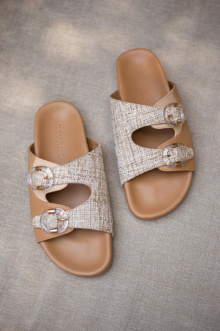 Beige Woven Fabric & Faux Leather Flats by Devano at Pernia's Pop Up Shop