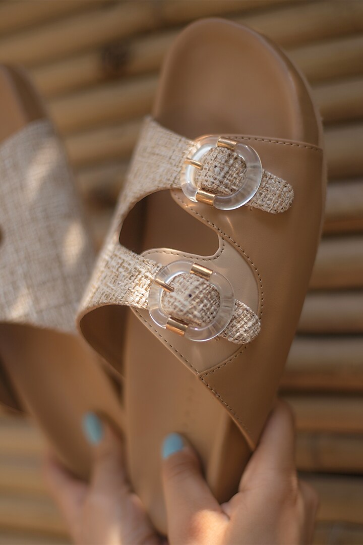 Beige Woven Fabric & Faux Leather Flats by Devano at Pernia's Pop Up Shop