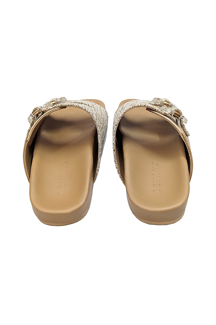Beige Woven Fabric & Faux Leather Flats by Devano at Pernia's Pop Up Shop