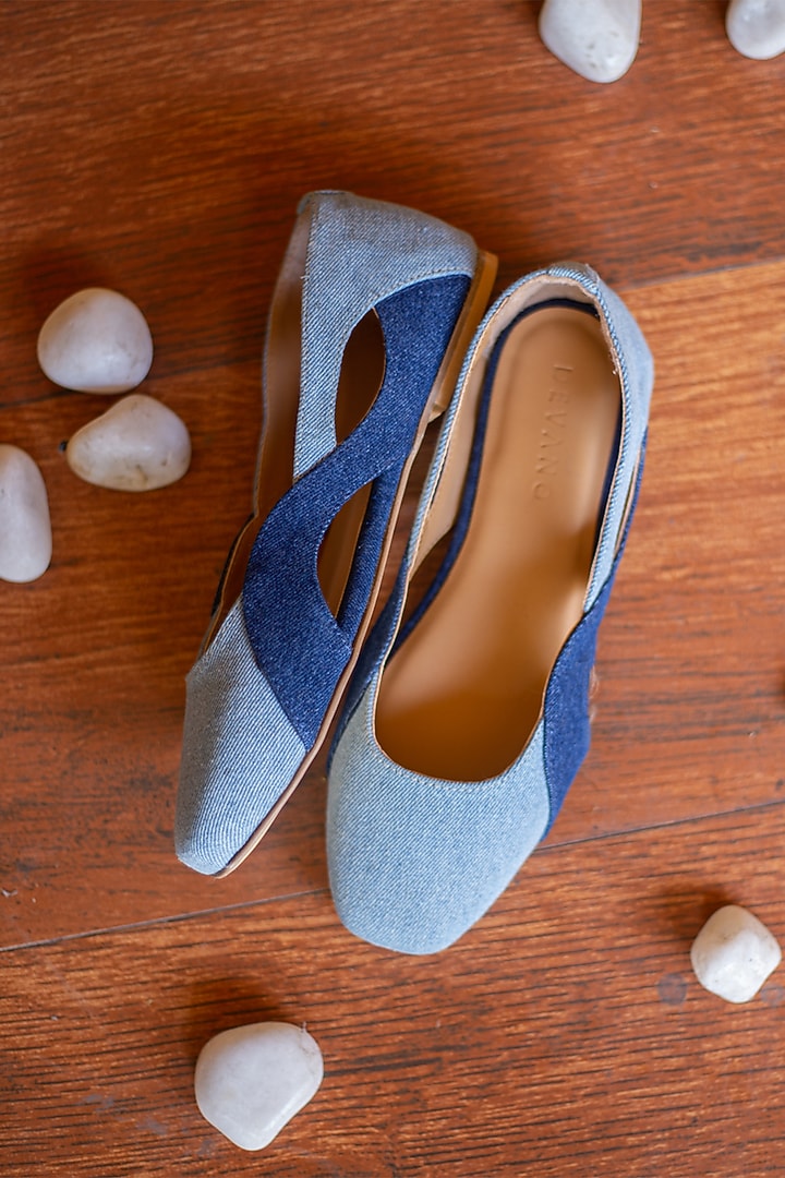 Blue Denim & Faux Leather Woven Flats by Devano at Pernia's Pop Up Shop