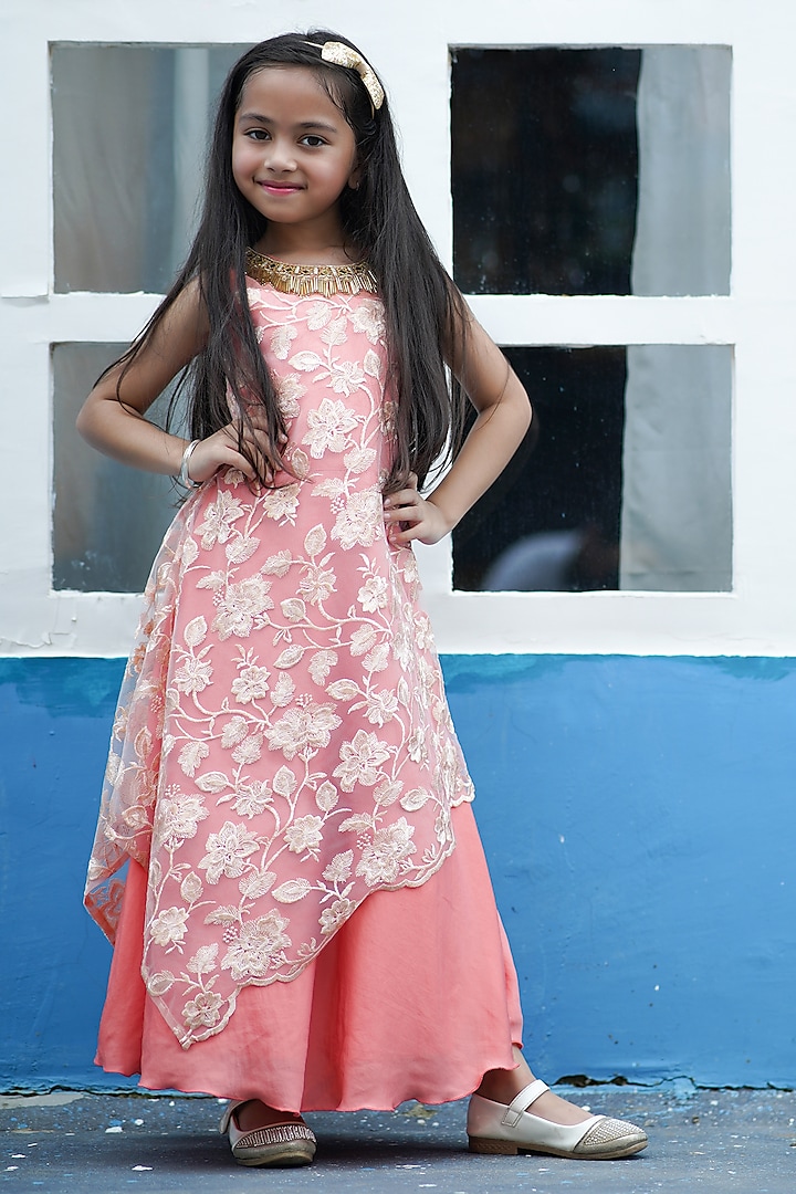 Peach Net Embroidered Gown For Girls by Devils N Angels at Pernia's Pop Up Shop