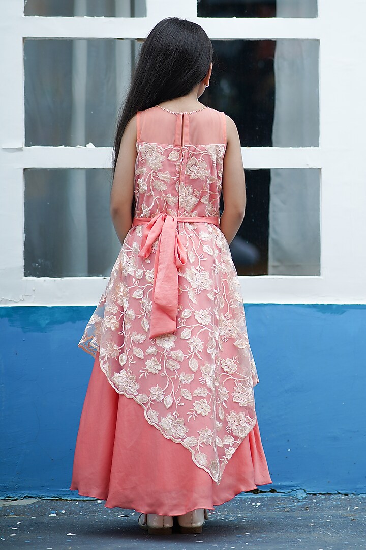 Peach Net Embroidered Gown For Girls by Devils N Angles at Pernia's Pop Up Shop