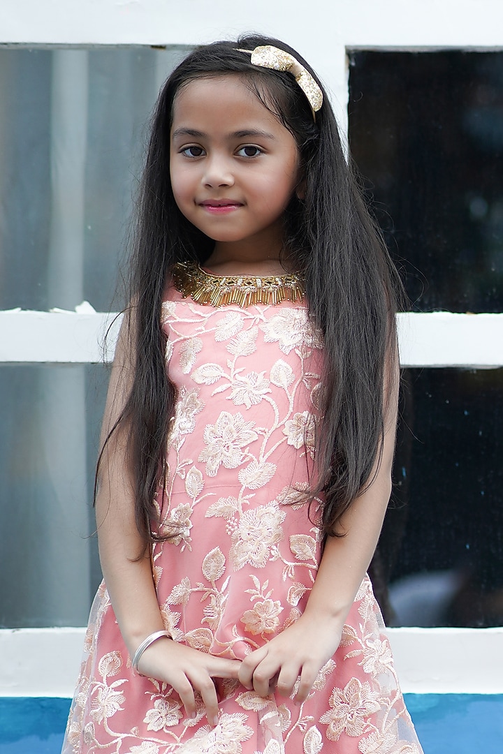 Peach Net Embroidered Gown For Girls by Devils N Angles at Pernia's Pop Up Shop