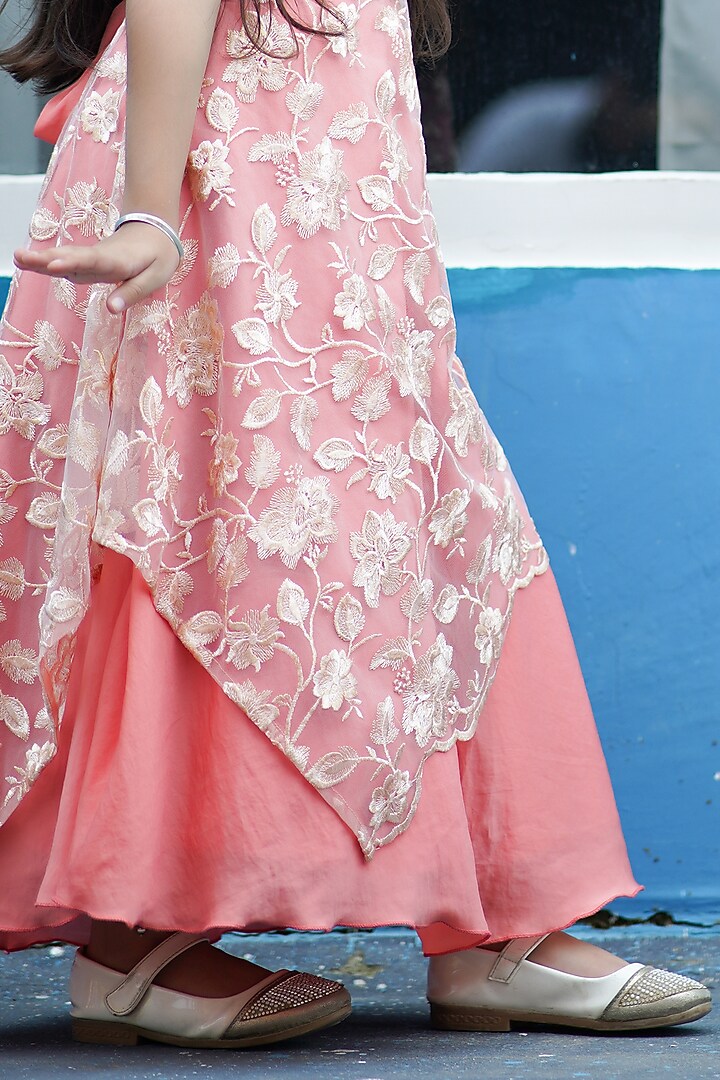 Peach Net Embroidered Gown For Girls by Devils N Angles at Pernia's Pop Up Shop