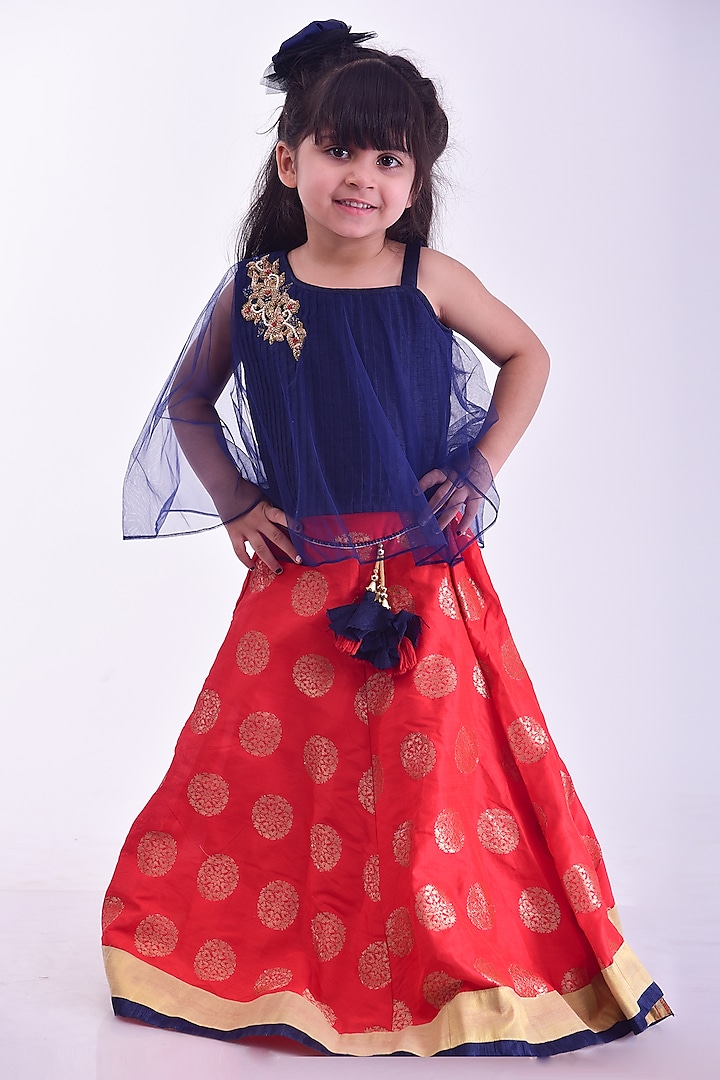 Red Net & Brocade Lehenga Set For Girls by Devils N Angels at Pernia's Pop Up Shop