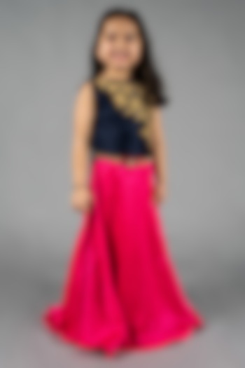 Navy & Neon Pink Cotton Blend Floral Embroidered Gown For Girls by Devils N Angels at Pernia's Pop Up Shop