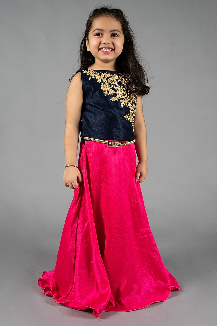 Navy & Neon Pink Cotton Blend Floral Embroidered Gown For Girls by Devils N Angels at Pernia's Pop Up Shop