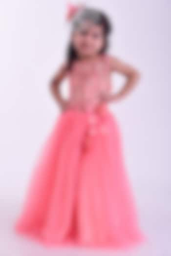 Pink Net Zari Embroidered Gown For Girls by Devils N Angels at Pernia's Pop Up Shop