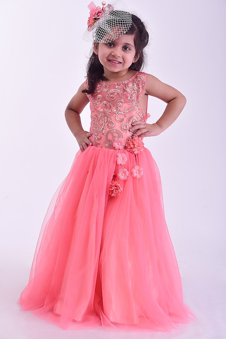 Pink Net Zari Embroidered Gown For Girls by Devils N Angels at Pernia's Pop Up Shop