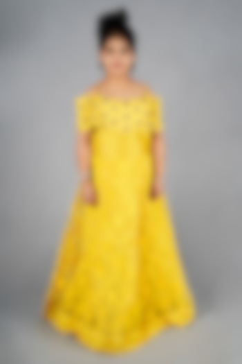 Yellow Net Floral Embroidered Gown For Girls by Devils N Angels at Pernia's Pop Up Shop