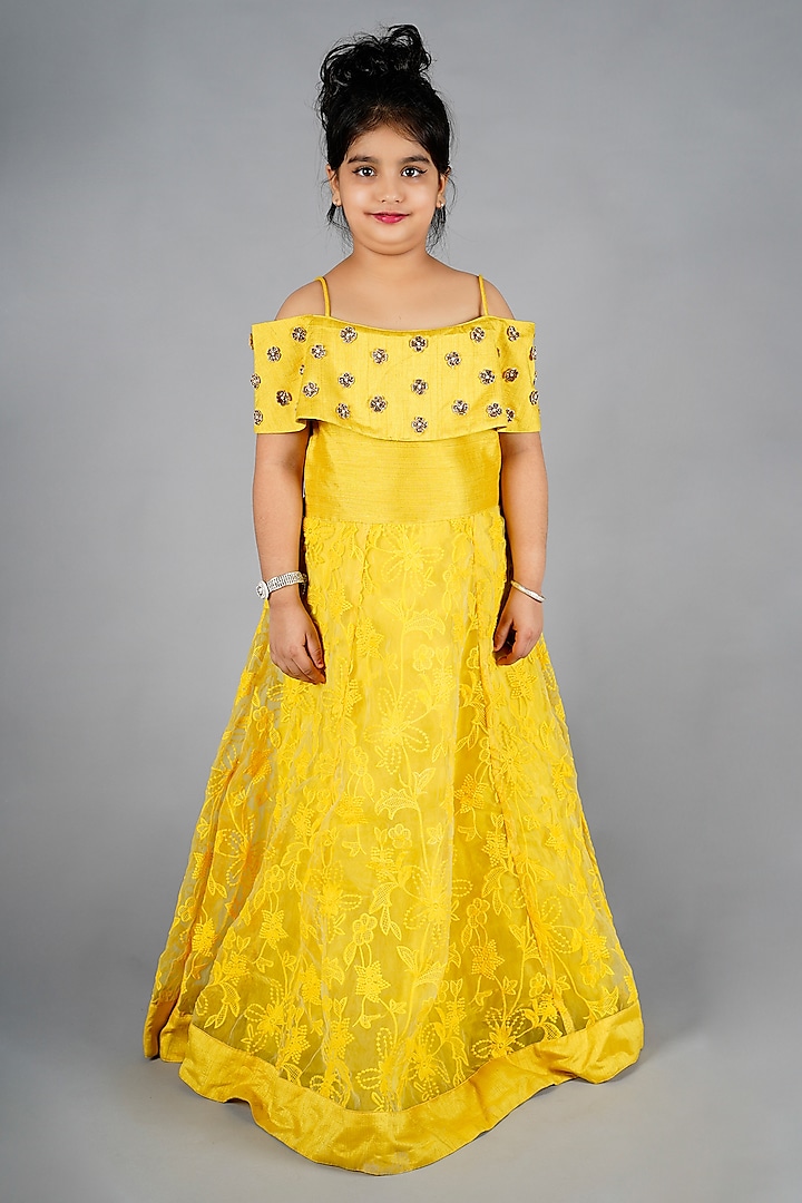 Yellow Net Floral Embroidered Gown For Girls by Devils N Angels at Pernia's Pop Up Shop