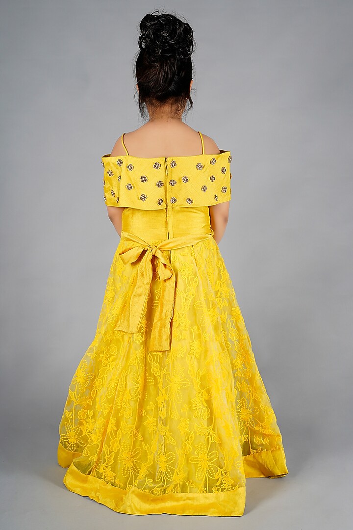 Yellow Net Floral Embroidered Gown For Girls by Devils N Angles at Pernia's Pop Up Shop