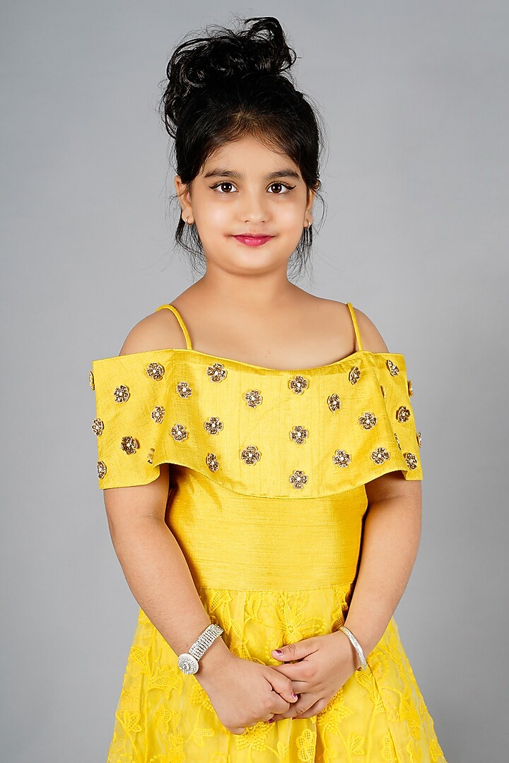 Yellow Net Floral Embroidered Gown For Girls by Devils N Angles at Pernia's Pop Up Shop