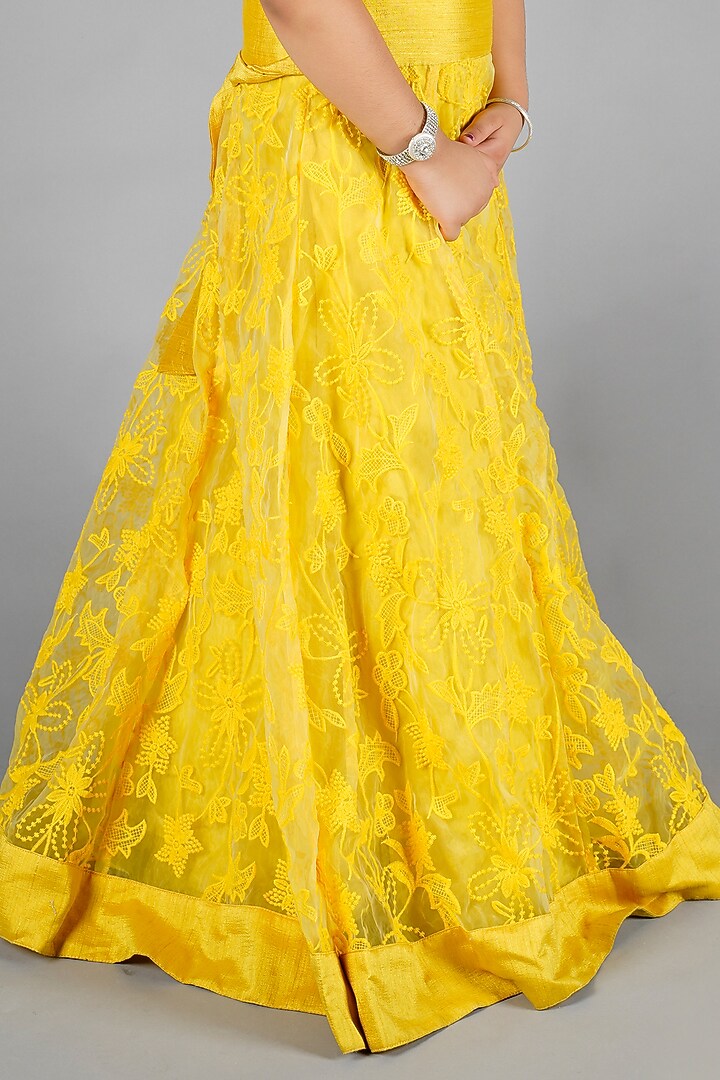 Yellow Net Floral Embroidered Gown For Girls by Devils N Angles at Pernia's Pop Up Shop