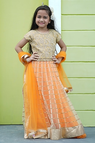 Orange Heavy Brocade & Net Lehenga Set For Girls by Devils N Angles