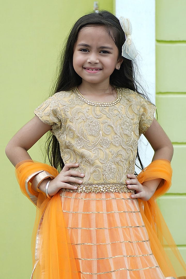 Orange Heavy Brocade & Net Lehenga Set For Girls by Devils N Angles at Pernia's Pop Up Shop