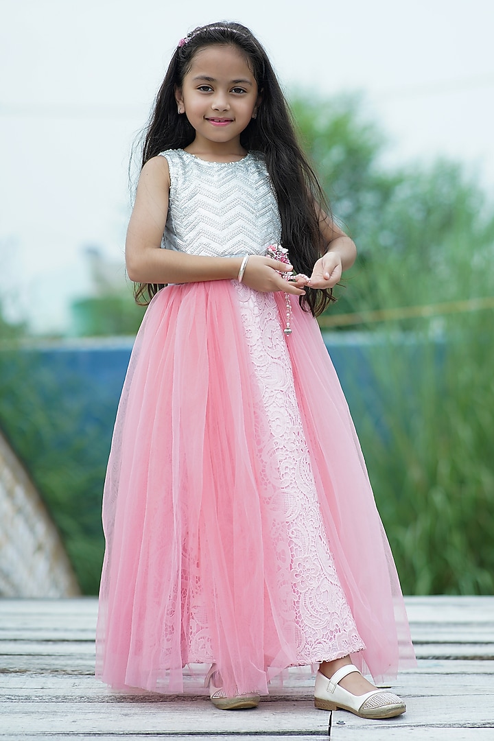 Pink Lace & Net Floral Gown For Girls by Devils N Angles at Pernia's Pop Up Shop