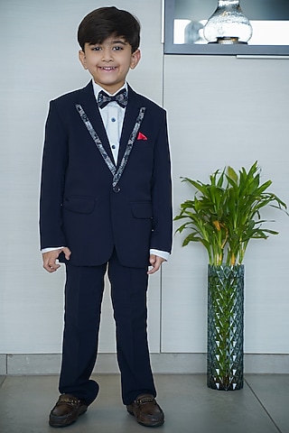 Navy Blue Cotton Blend Coat Set For Boys by Devils N Angels