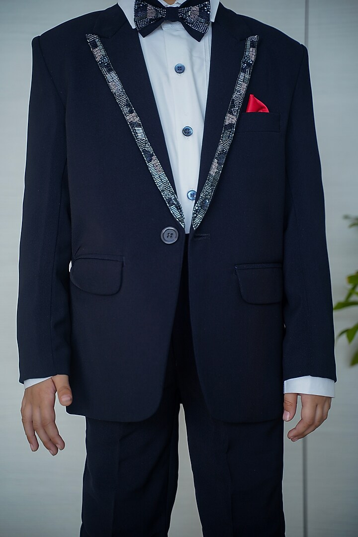 Navy Blue Cotton Blend Coat Set For Boys by Devils N Angels at Pernia's Pop Up Shop