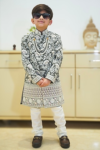 Grey Cotton Blend Embroidered Sherwani Set For Boys by Devils N Angels