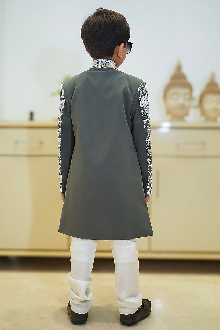 Grey Cotton Blend Embroidered Sherwani Set For Boys by Devils N Angels at Pernia's Pop Up Shop