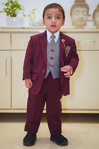 Maroon Cotton Blend Coat Set For Boys by Devils N Angels