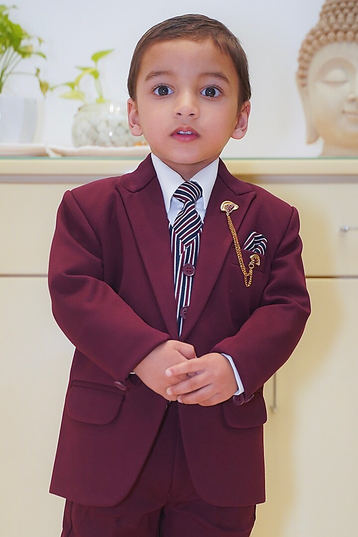 Maroon Cotton Blend Coat Set For Boys by Devils N Angels at Pernia's Pop Up Shop