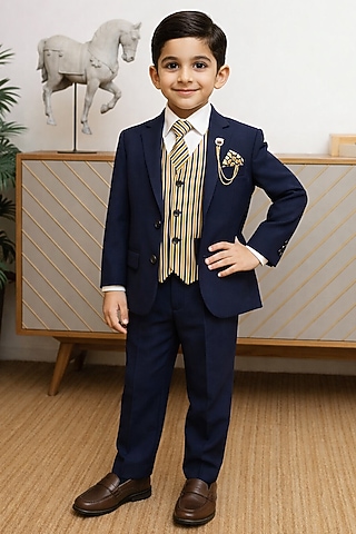 Navy Blue Blended Tuxedo Set For Boys by Devils N Angels