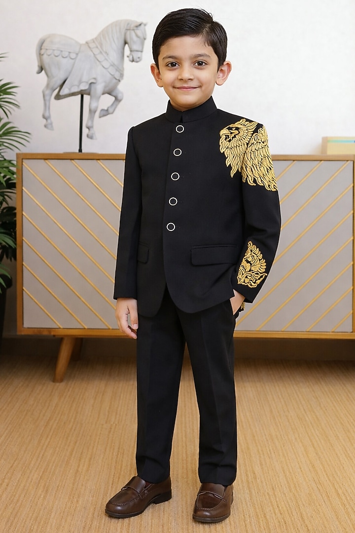 Black Blended Hand Embroidered Jodhpuri Set For Boys by Devils N Angels at Pernia's Pop Up Shop