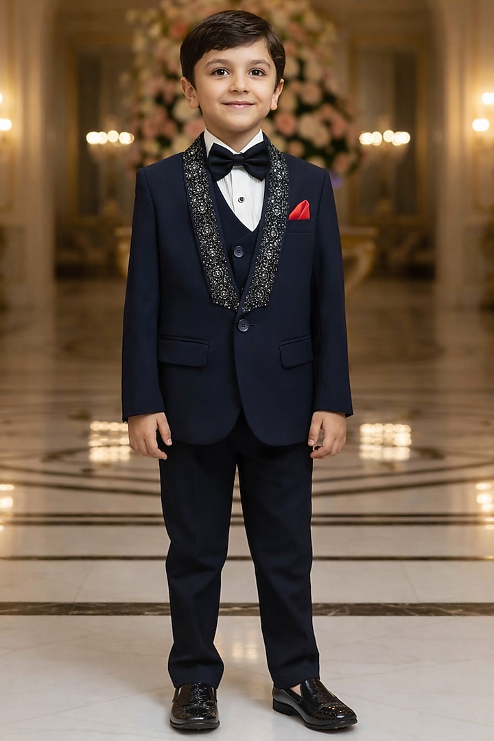 Navy Blue Blended Tuxedo Set For Boys by Devils N Angels at Pernia's Pop Up Shop