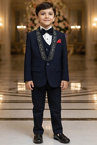 Navy Blue Blended Tuxedo Set For Boys by Devils N Angels