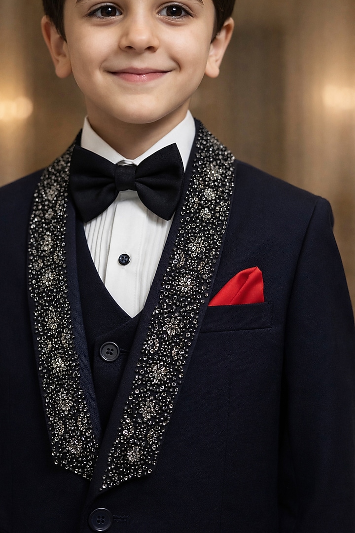 Navy Blue Blended Tuxedo Set For Boys by Devils N Angels at Pernia's Pop Up Shop