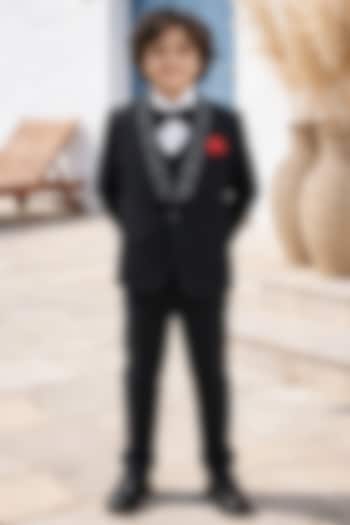 Black Blended Embroidered Tuxedo Set For Boys by Devils N Angels at Pernia's Pop Up Shop