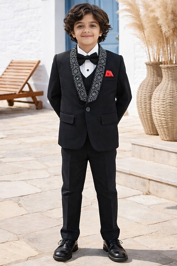 Black Blended Embroidered Tuxedo Set For Boys by Devils N Angels at Pernia's Pop Up Shop