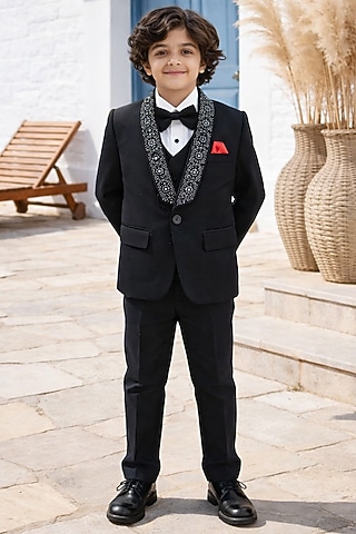 Black Blended Embroidered Tuxedo Set For Boys by Devils N Angels
