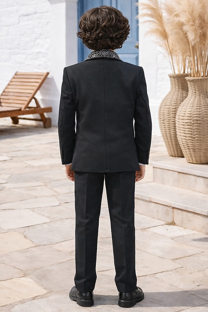 Black Blended Embroidered Tuxedo Set For Boys by Devils N Angels at Pernia's Pop Up Shop