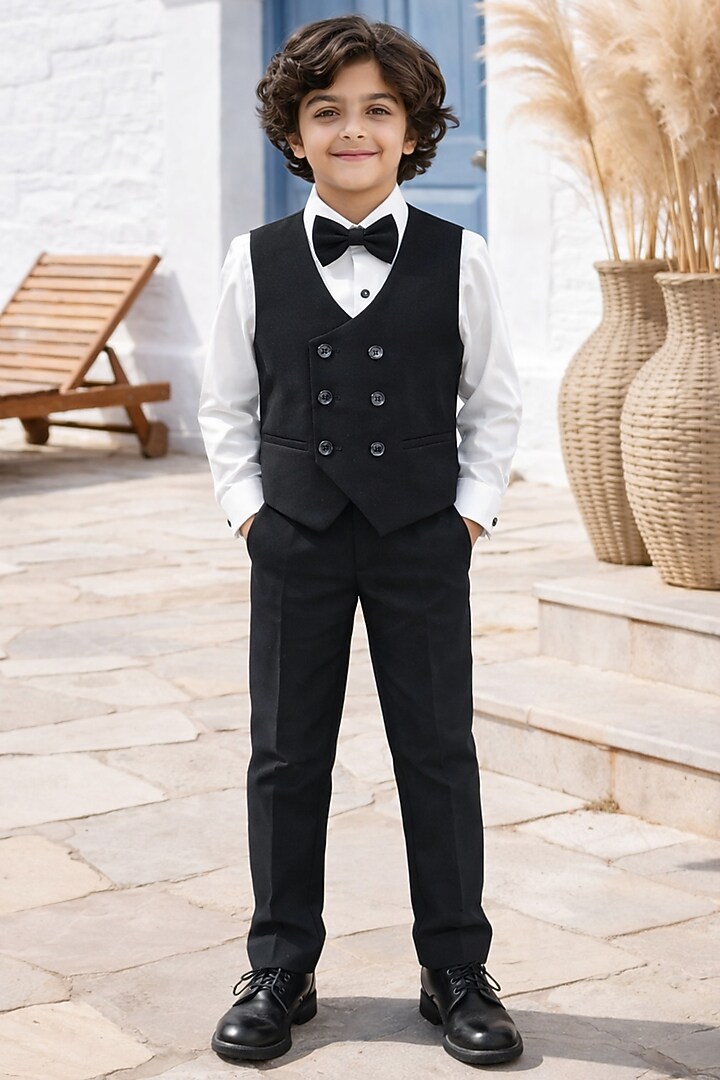 Black Blended Embroidered Tuxedo Set For Boys by Devils N Angels at Pernia's Pop Up Shop