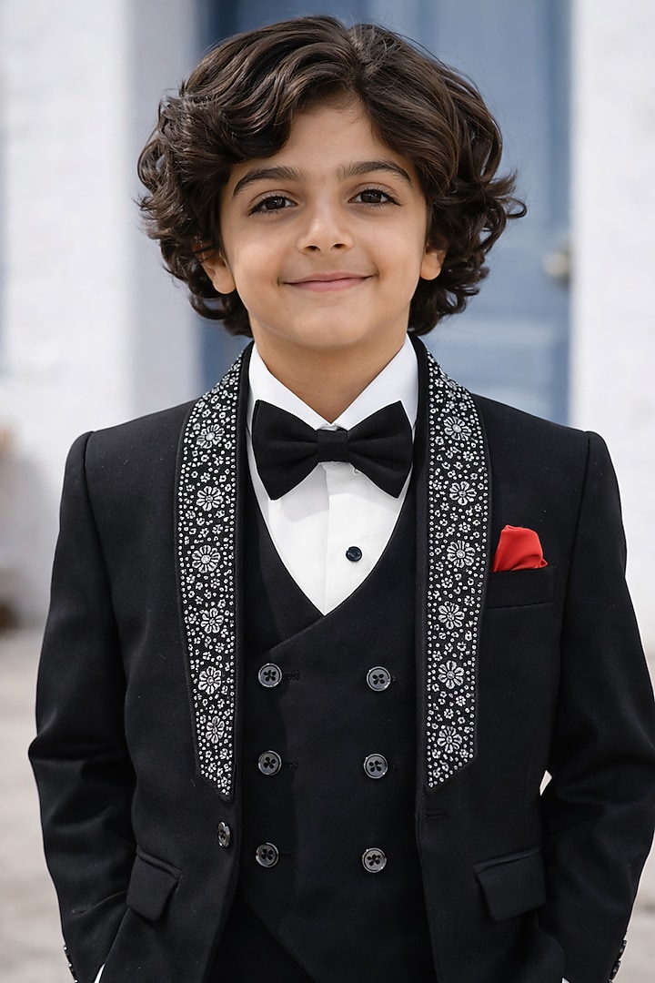 Black Blended Embroidered Tuxedo Set For Boys by Devils N Angels at Pernia's Pop Up Shop