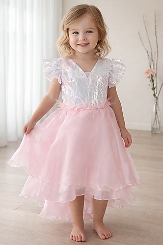 Pink Organza Embroidered Dress For Girls by Devils N Angels