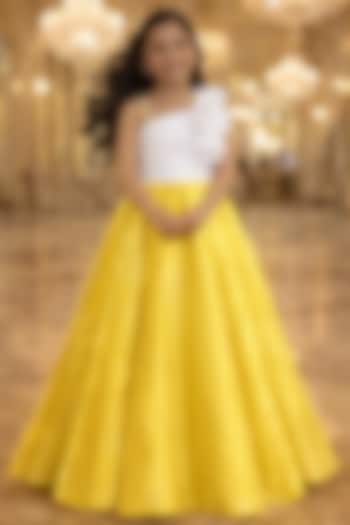 Yellow & White Satin Gown For Girls by Devils N Angels at Pernia's Pop Up Shop