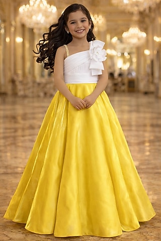 Yellow & White Satin Gown For Girls by Devils N Angels