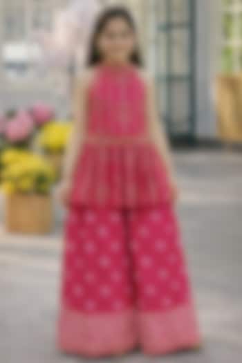 Rani Pink Silk Blend Printed Sharara Set For Girls by Devils N Angels at Pernia's Pop Up Shop