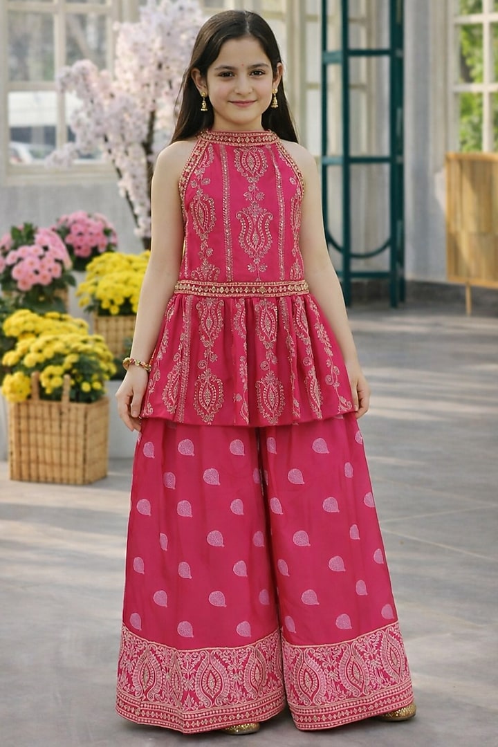 Rani Pink Silk Blend Printed Sharara Set For Girls by Devils N Angels at Pernia's Pop Up Shop