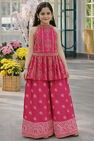 Rani Pink Silk Blend Printed Sharara Set For Girls by Devils N Angels